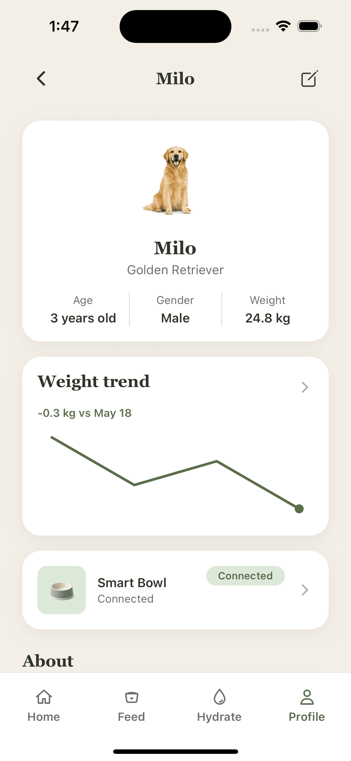Smart Pet Plate Profile screen mockup